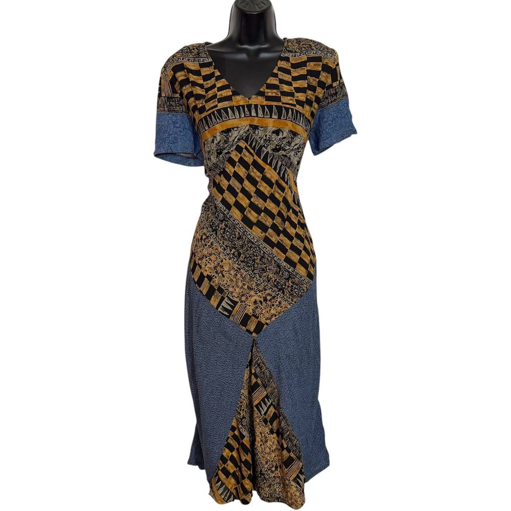 Vtg 90s Saint Tropez West Midi Dress 10 Blue Abstract Patchwork Geometric Artsy